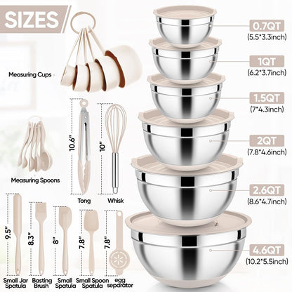 E-far 25PCS Mixing Bowls with Lid Set, Stainless Steel Nesting Prep Bowls with Grater Attachments Non-Slip Bottoms for Cooking, Baking, Serving, Food Storage, 4.6/2.6/2/1.5/1/0.7QT - Blue