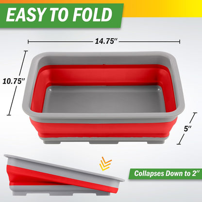Collapsible Cleaning Caddy - Portable Multi-use Wash Basin, Dish Tub, or Ice Bucket with 7.27L Capacity for Camping and Tailgating by Wakeman (Red)
