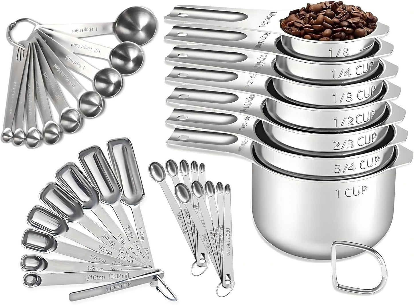 21 Pieces YUNNKEEY Measuring Cups and Spoons Set - Includes 7 Stainless Steel Measuring Cups, 8 Rectangular & 5 Mini Measuring Spoons with Leveler Fits Spice Jars, Ideal for Dry and Liquid Ingredients