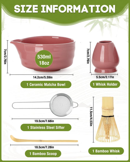 Matcha Whisk Set - 5PCS Matcha Set Includes 17OZ Chawan with Spout, Bamboo Chasen Whisk with Ceramic Holder, Matcha Scoop and Stainless Sifter, Matcha Kit for Ceremony, Gift for Matcha Lovers