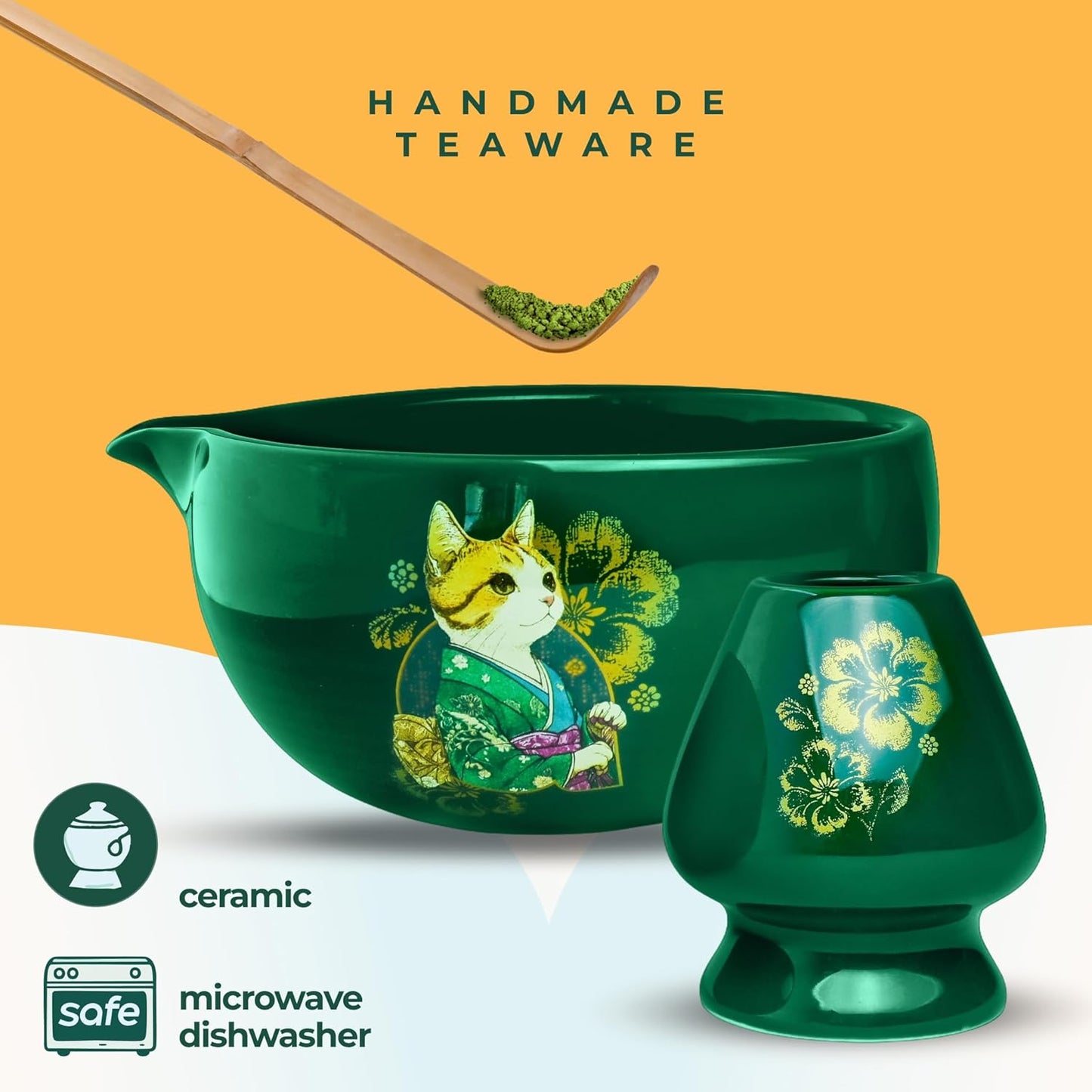 Aprika Life Matcha Bamboo Whisk Set with Holder | 100 Prong Chasen, Bamboo Scoop & Glass Whisk Holder | Matcha Whisk and Holder Starter Kit