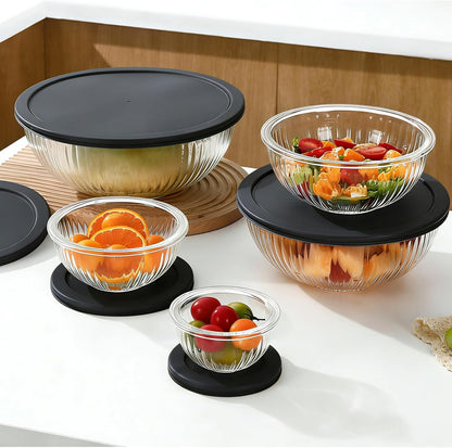 Glass Mixing Bowls with Lids Set(3.7QT,2.1QT, 1.1QT, 0.5QT), Nesting Space Saving Set of Bowls for Kitchen Cooking, Baking, Prepping, Dishwasher Safe Salad Bowls (Black)