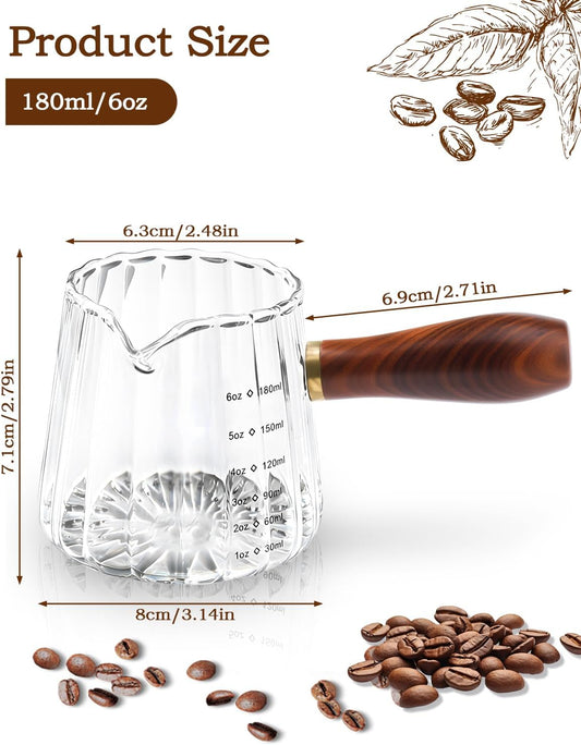 Espresso Measuring Cup, 6oz Borosilicate Glass Espresso Cups with Wood Handle (2.71in Long Grip), V-Shaped Spout Ribbed Milk Frothing Cup for Coffee, Latte, Tea, Syrup – Dishwasher Safe
