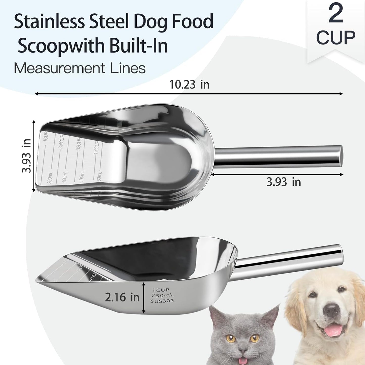Dog-Cat Food Scoop 3/4 Cup, SSyang Thickened 304 Stainless Steel Pet Food Scoop with Long Handle, Precision Scale, Easy to Clean, Suitable for Wet and Dry Food