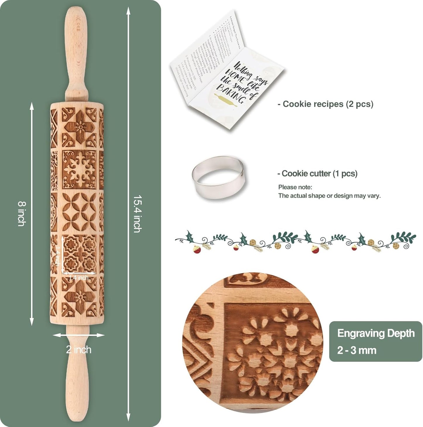 Floral Vine Embossed Rolling Pins for Cookies, Wooden Engraved Rolling Pins for Baking, Embossing Rolling Pins with Designs, Patterned Rolling Pin Decorative Springerle Mold Stamp Clay Pattern Roller