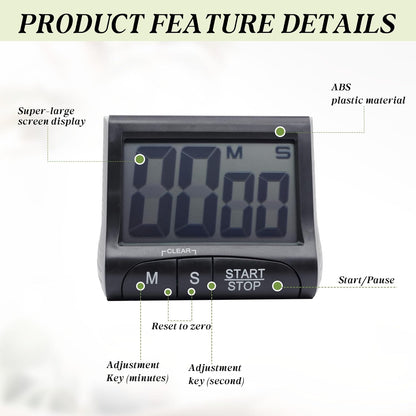 Large LCD Display Kitchen Timer -Magnetic Digital Timers,Loud Alarm,Memory and Fast Forward Function,Cooking Timers for Kitchen,Gym, Meeting, Classroom,Study,Work,Outdoor Activities(Black)