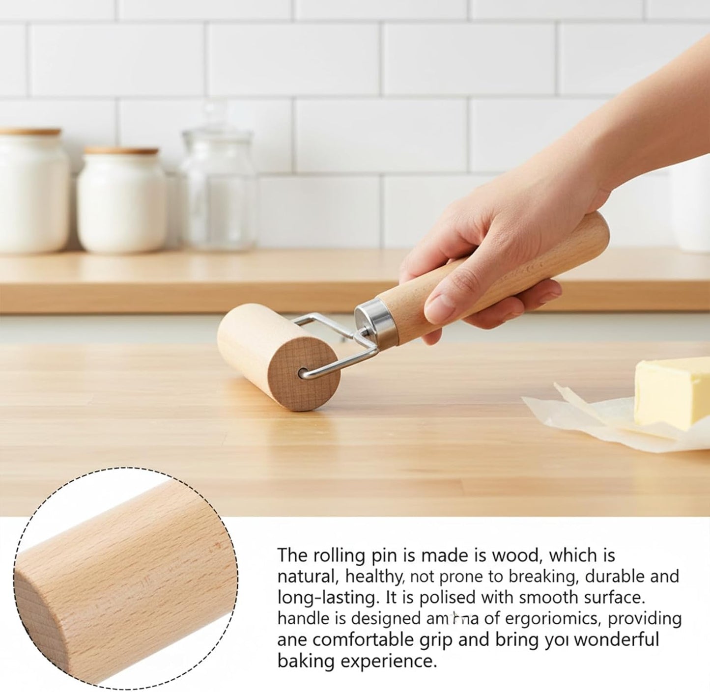 Jeffdad Small Rolling Pin, Wooden Dough Roller with Handle Pizza Roller Non-Stick Mini Dough Rolling Pin for Home Kitchen Baking Cooking