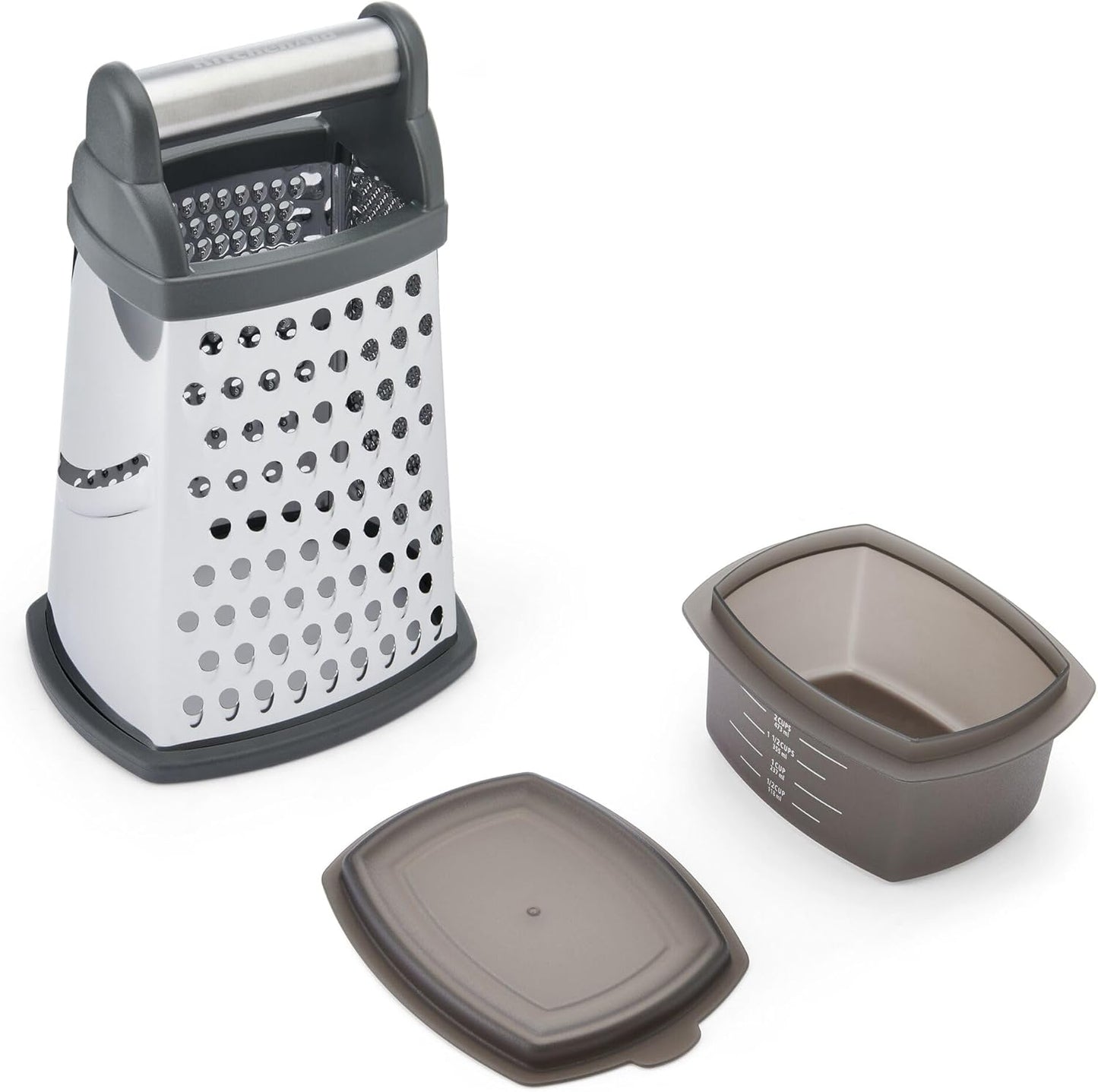 KitchenAid Gourmet 4-Sided Stainless Steel Box Grater for Fine, Medium and Coarse Grate, and Slicing, Detachable 3 Cup Storage Container and Measurment Markings, Dishwasher Safe, 10 inches tall, Black
