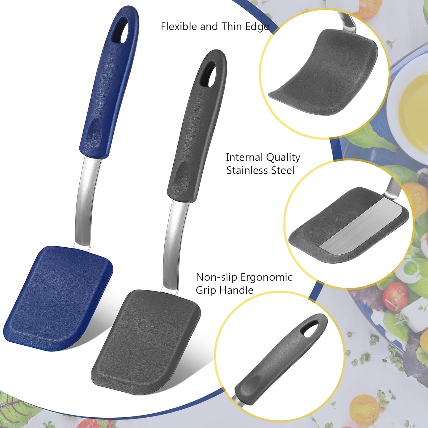 Silicone Cookie Spatula Turner 2 Pack Mini Brownie Spatula Flexible Kitchen Small Silicone Turner for Nonstick Cookware Heat Resistant No Scratch Flipper for Pancake(Solid Flat,Gray, Blue)