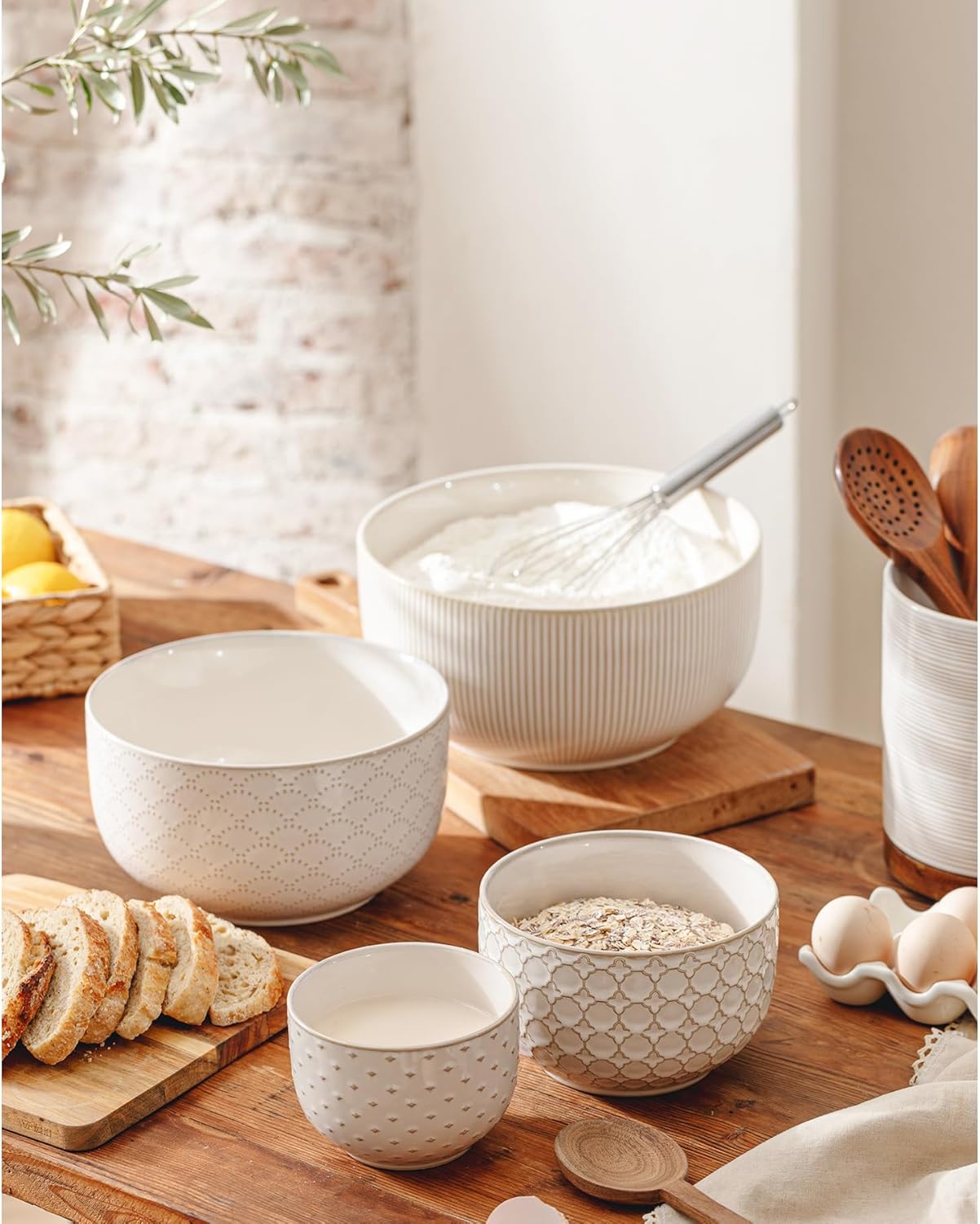 Ceramic Mixing Bowls, Embossed Nesting Bowls Set of 4, Mixing Bowl Set for Serving, Baking, Cooking and Gift, Microwave and Dishwasher Safe, 20/47/99/148 oz, Off-White