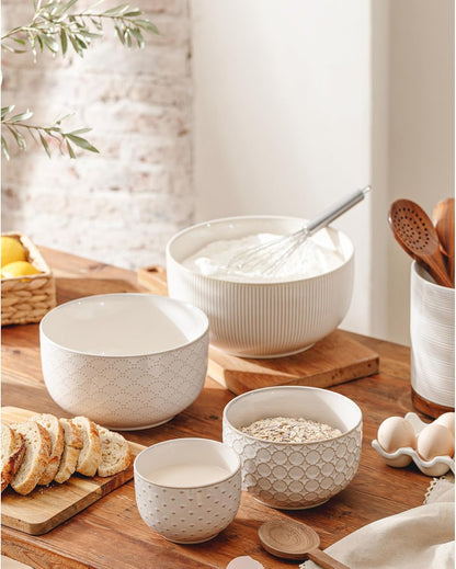 Ceramic Mixing Bowls, Embossed Nesting Bowls Set of 4, Mixing Bowl Set for Serving, Baking, Cooking and Gift, Microwave and Dishwasher Safe, 20/47/99/148 oz, Off-White