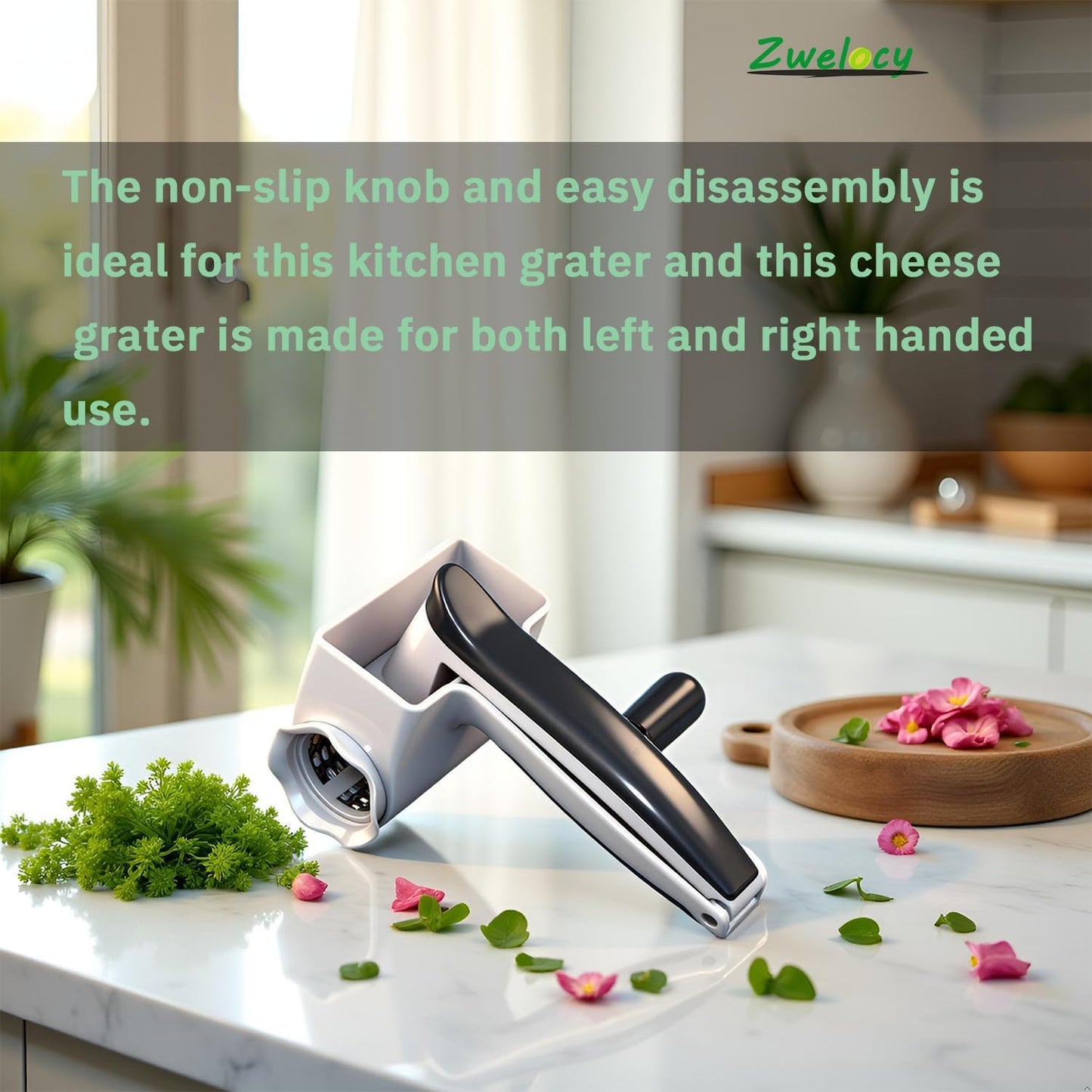 Cheese Grater with Hand Crank for Parmesan & Hard Cheeses - Shatter-Resistant & Easy to Clean，Restaurant Quality, White