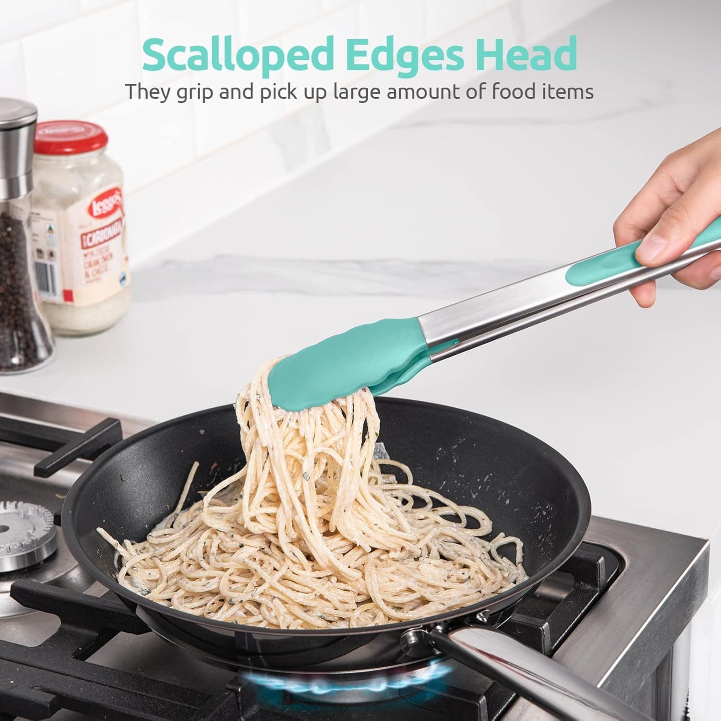 600ºF Heat Resistant Kitchen Tongs: U-Taste 9 inch Silicone Cooking Tong with Firm Sealed Non Stick Rubber Tips & Silicon Coated 18/8 Stainless Steel Handle & Smooth Locking for Serving Salad (Black)