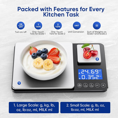Dual Platform Food Kitchen Scale with 0.01g/0.001oz High Precision, 15kg/33lb Bakery Scale, Dual Accuracy Kitchen Scale for Sourdough Bread, Baking and Cooking with 7 Unit Tare and Totalizer