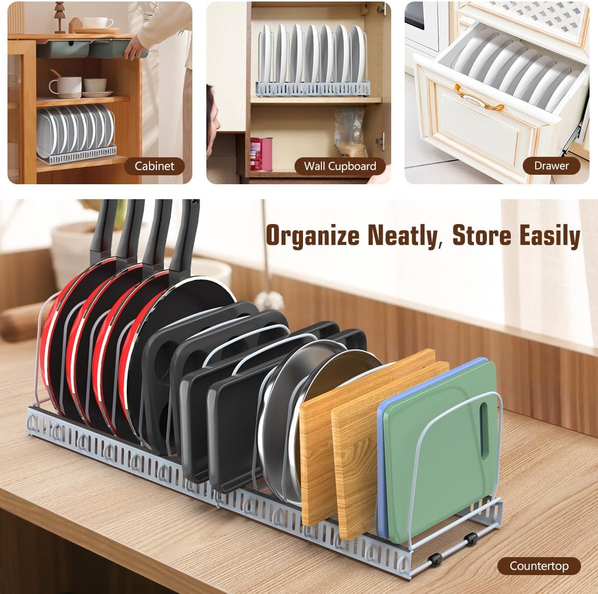 Housolution Cutting Board Organizer Rack, Expandable Baking Tray and Cookie Sheet Organizer with 14 Adjustable Dividers, Bakeware Muffin Tin Cupcake Pan Storage Organizer for Cabinet, Black