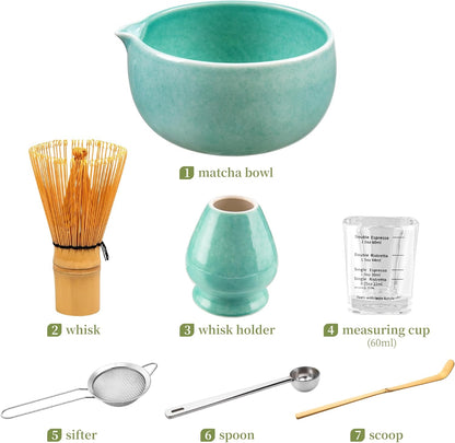 YIBO Matcha Whisk Set With Bowl, Ceramic Matcha Making Kit Includes Bamboo Whisk (Chasen), Holder Stand, Powder Starter Sifter, Scoop, Measuring Spoon & Cup Tea Tools For Ceremony (Mottled Green)