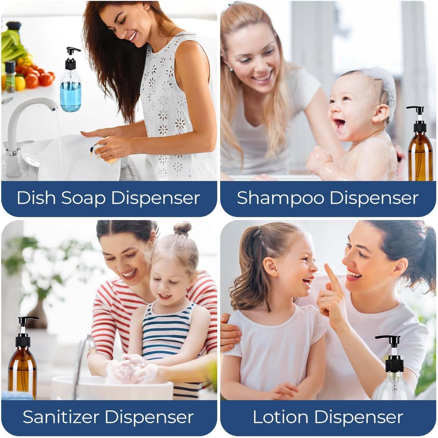 8 oz Amber Glass Pump Bottle, 250ml Glass Soap Dispenser Bottle for Body Lotion Massage Oil, Refillable Empty Hand and Dish Soap Dispensers Set with Labels - 2 Pack