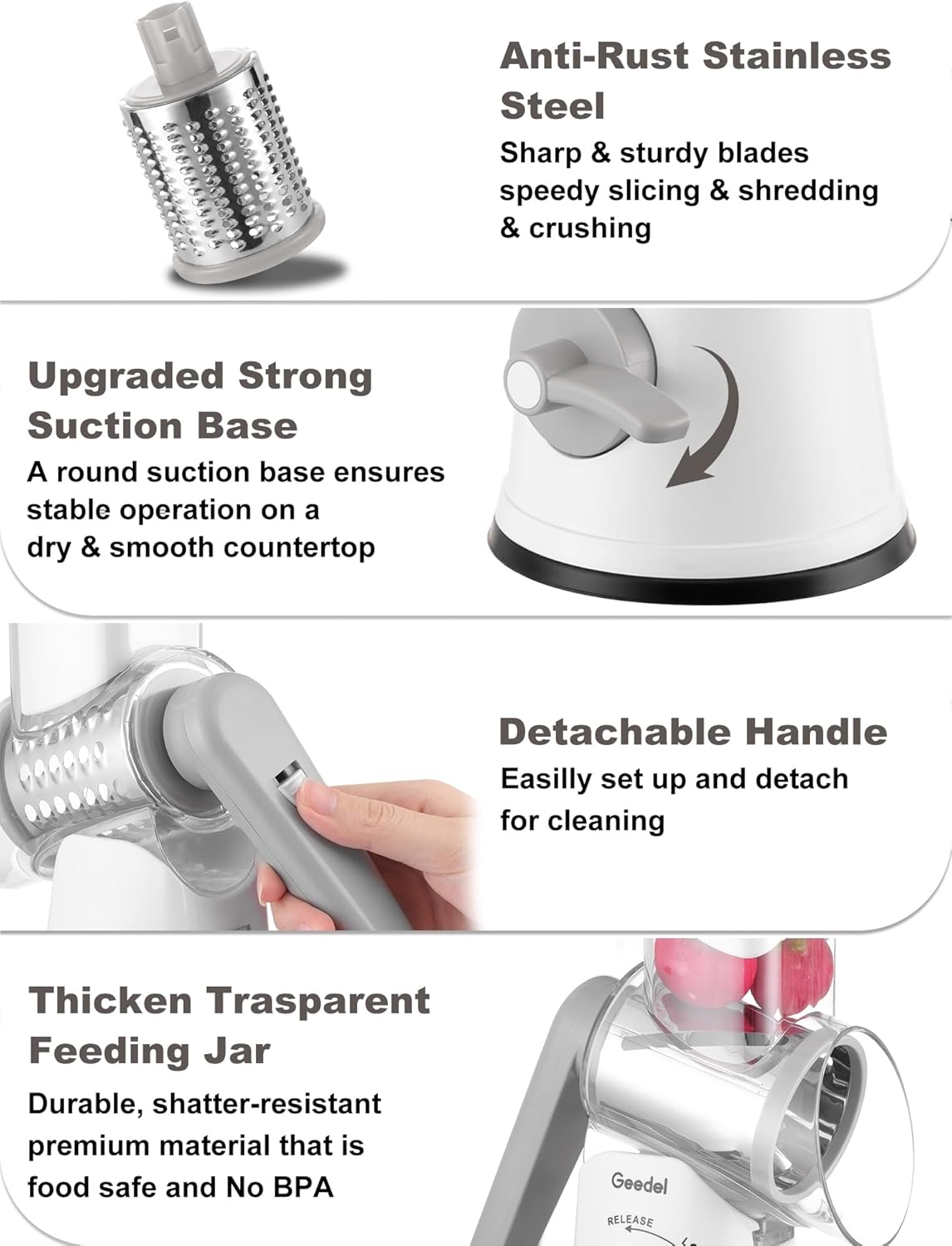 Geedel Rotary Cheese Grater Cheese Shredder with 5 Interchangeable Blades - Upgraded Rotary Grater Featuring Strong Suction Base for Cheese Shredding, Wavy Slicing, Nut Grinding, and Ice Shaving