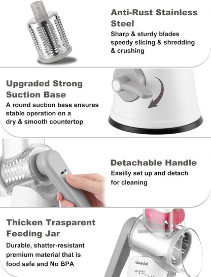 Geedel Rotary Cheese Grater Cheese Shredder with 5 Interchangeable Blades - Upgraded Rotary Grater Featuring Strong Suction Base for Cheese Shredding, Wavy Slicing, Nut Grinding, and Ice Shaving