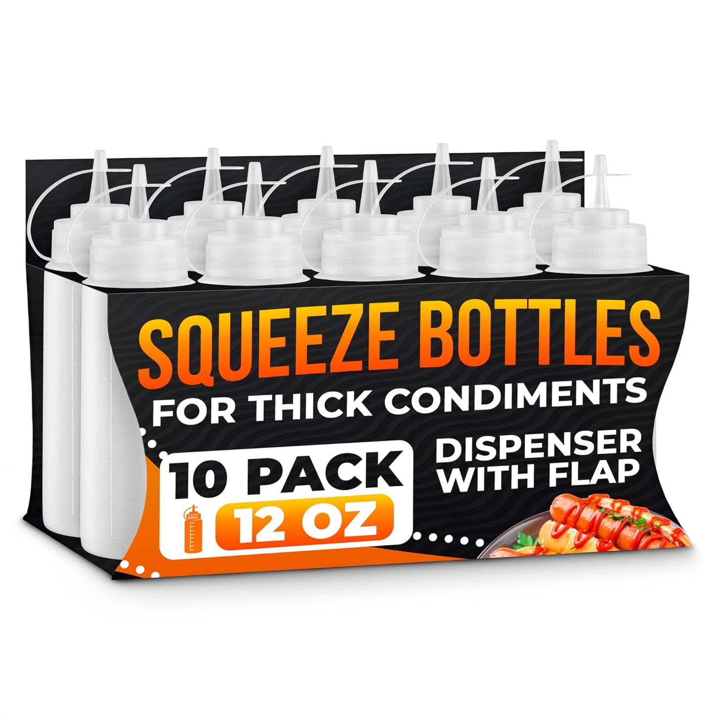 Set of 6 Inverted Condiment Squeeze Bottles 16 oz – Upgraded Design with Added Sealing Gaskets, Self-Closing Valve, Easy-to-Fill Clear Bottles for Sauces, Dressings, Ketchup, Mustard for Everyday Use