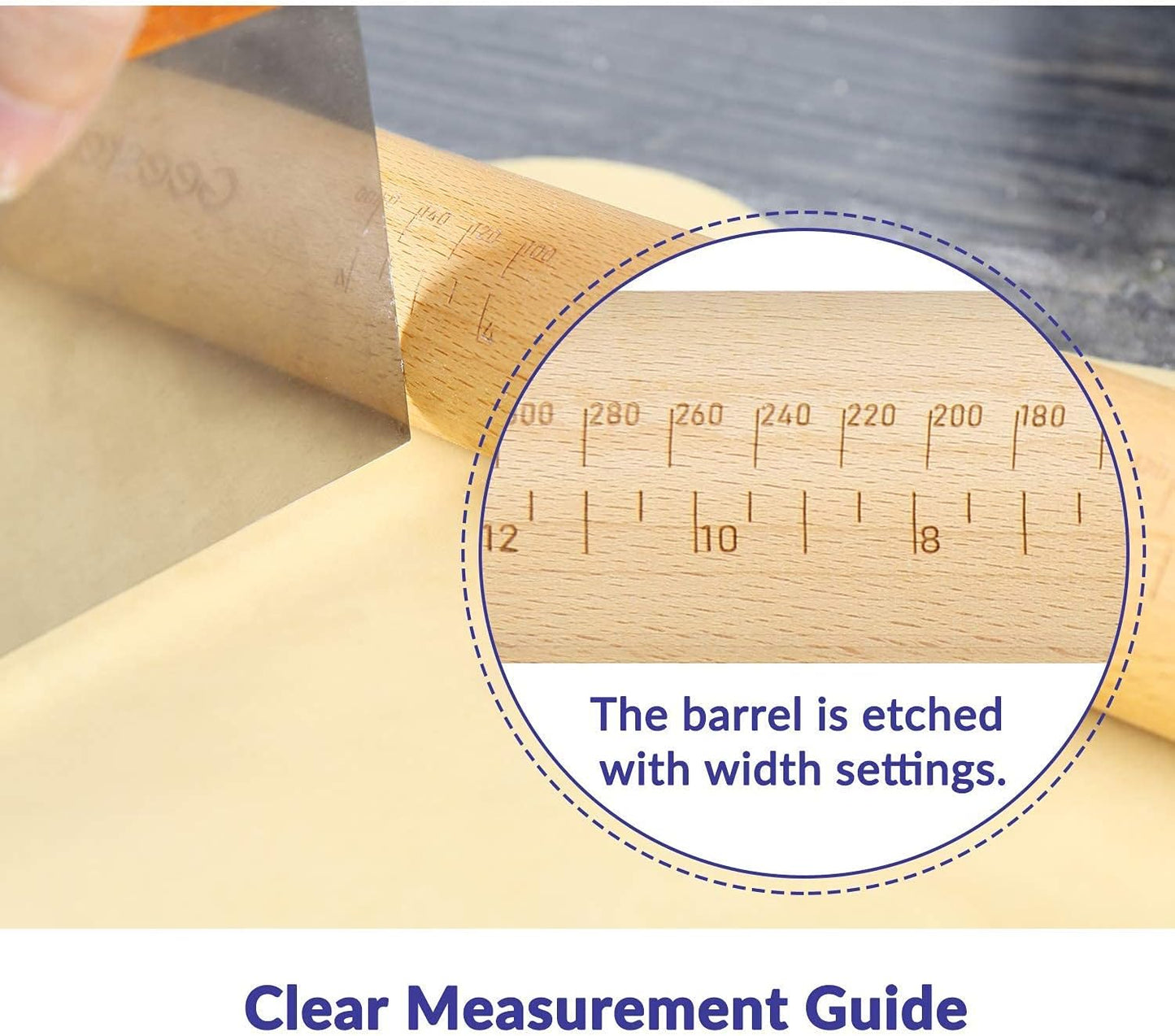 Geesta Adjustable Wood Rolling Pin with 5 Thickness Rings, Precise Dough Roller Handle Press Design with Measurement Guide for Fondant, Pizza, Pie Crust, Cookie, Pastry Baking Decorating Accessories