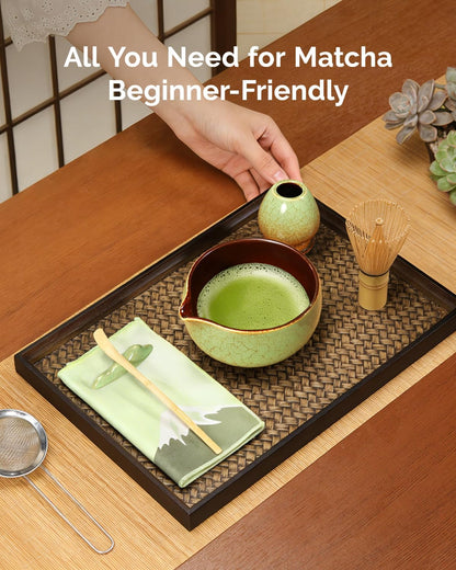 Maestri House Matcha Whisk Set, 7-Pc Complete Matcha Kit with Spouted Ceramic Bowl, Bamboo Whisk and Holder, Scoop, Spoon Rest & Sifter, Tea Cloth – Ideal Gift for Matcha Lovers (Green)