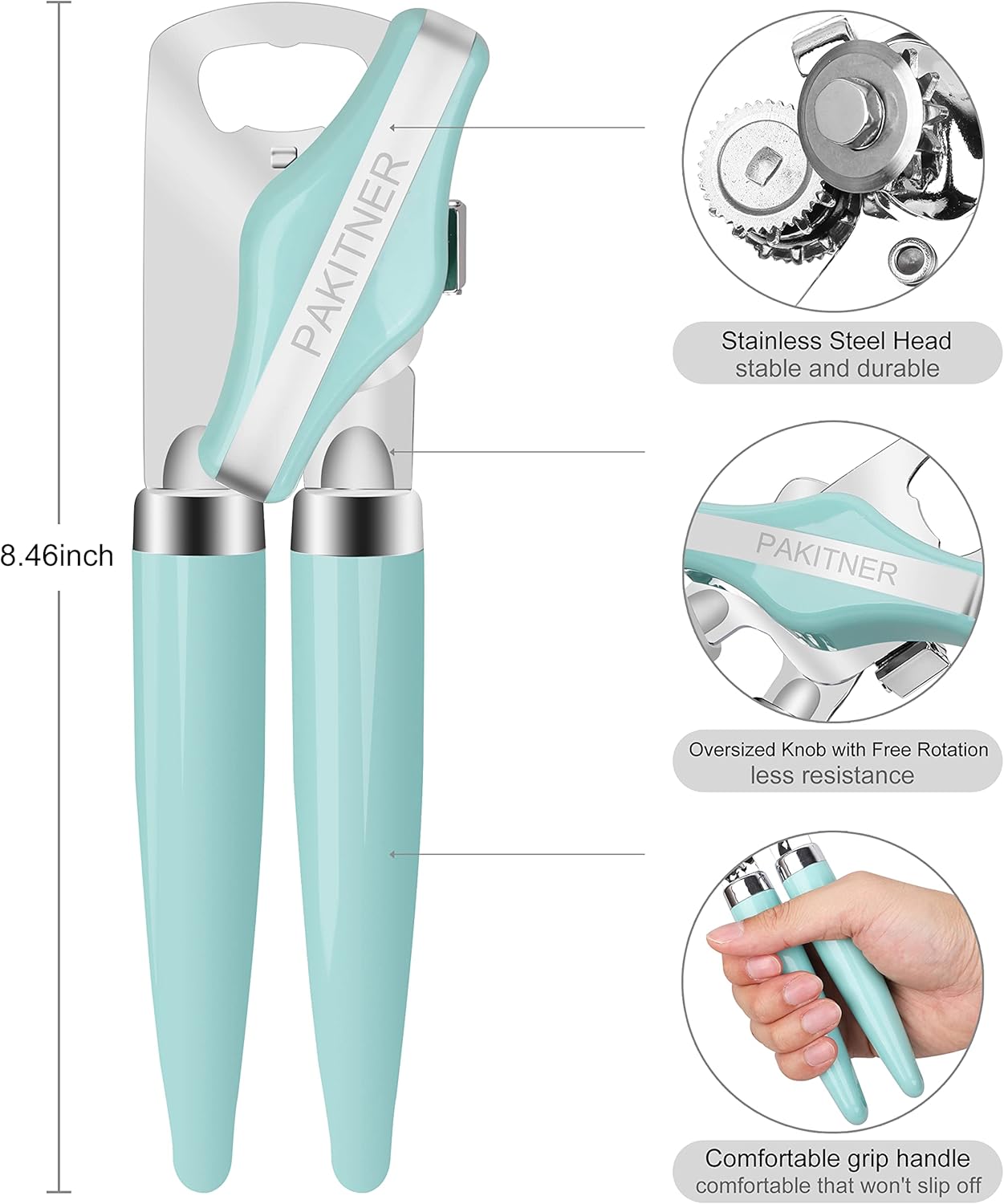 PAKITNER - Can Opener Manual, Safe Cut Heavy Duty Hand Can Opener with Magnetic Lifter, Stainless Steel with Sharp Blade Smooth Edge Can opener, Easy Big Turn Knob, with Bottle Opener, Aqua Sky
