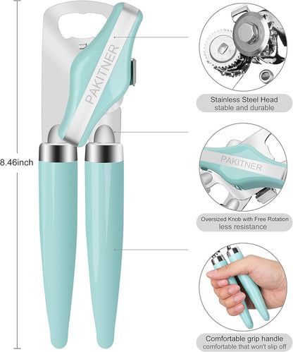 PAKITNER - Can Opener Manual, Safe Cut Heavy Duty Hand Can Opener with Magnetic Lifter, Stainless Steel with Sharp Blade Smooth Edge Can opener, Easy Big Turn Knob, with Bottle Opener, Aqua Sky