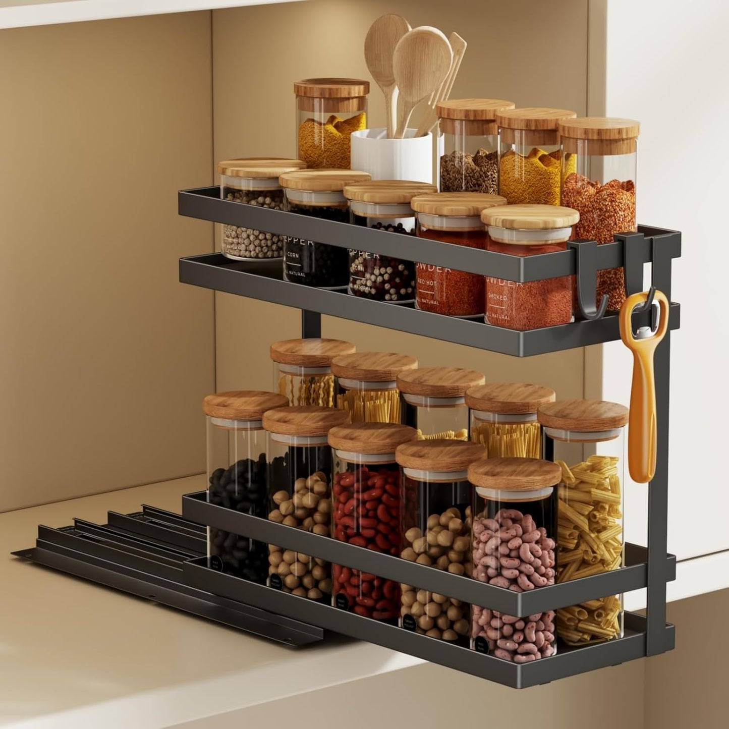 Magheo Pull Out Spice Rack Organizer for Cabinet, 2 Pack Metal Seasoning Organizer Slide Out Spice Storage Shelf No Assembly Vertical Spice Rack Pullout for Kitchen & Bahthroom No Drill(2 Tier,Black)