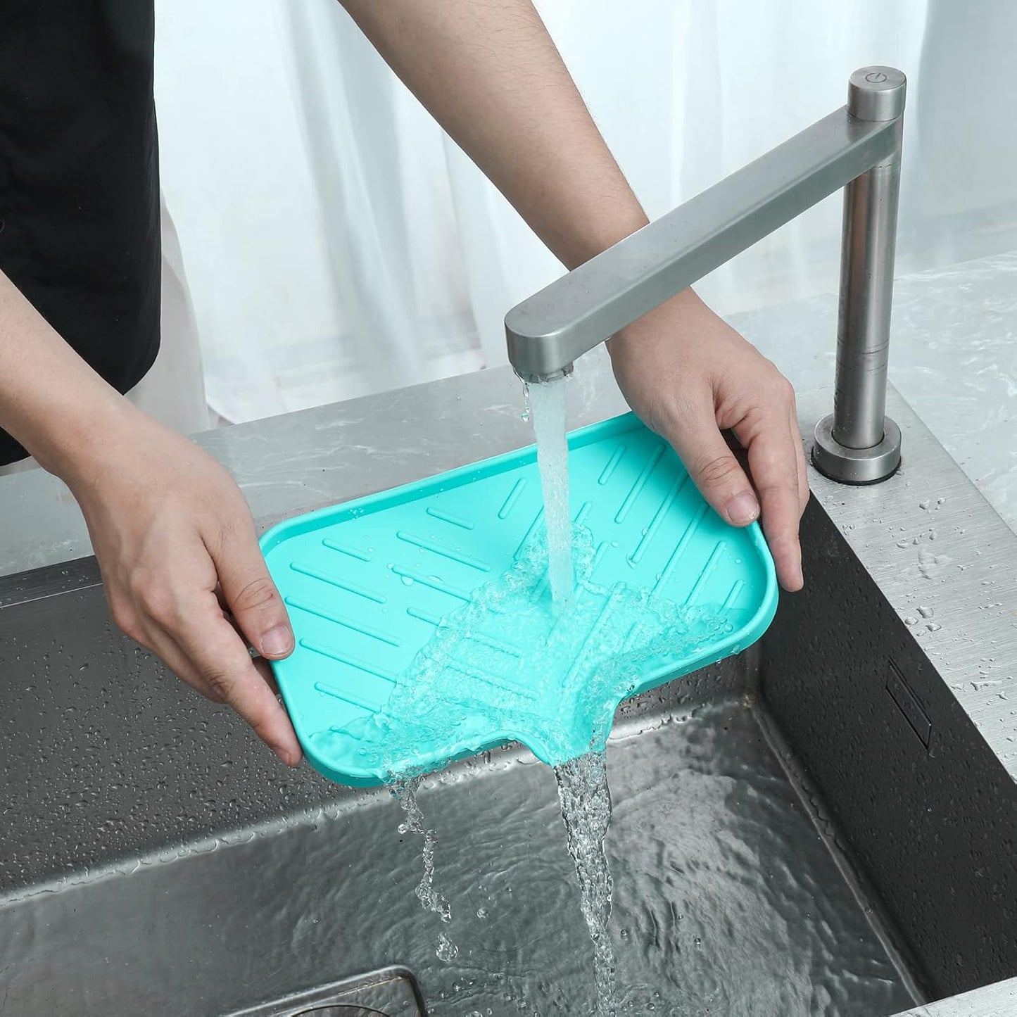 MicoYang Silicone Soap Dish with Drain Spout, Self-Draining Sink Organizer Tray for Bathroom and Kitchen, Sponges, Dispensers and Soap Holder, Non-Slip and Dishwasher Safe, Black (Compact, 4.9"×3.2")