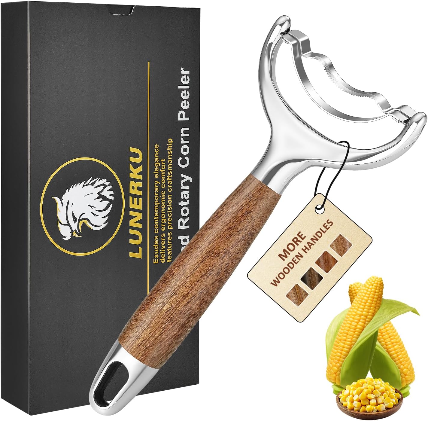 Stainless Steel Corn Peeler, Durable Corn on the Cob Stripper Tool with Solid Wood Good Grip Handle for Salad Polenta Pizza Popcorn Cooking Gifts for Woman Her Mom Birthday (Exotic Ebony)
