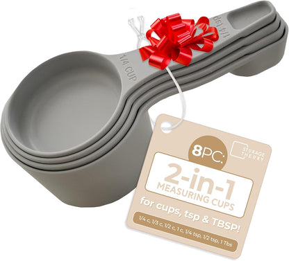 Storage Theory 2-in-1 Measuring Cups & Spoons Set (4-Piece) - Nesting Space-Saving Kitchen Gadget - BPA-Free Food Grade Plastic - Dishwasher Safe for Baking, Cooking, Coffee - White