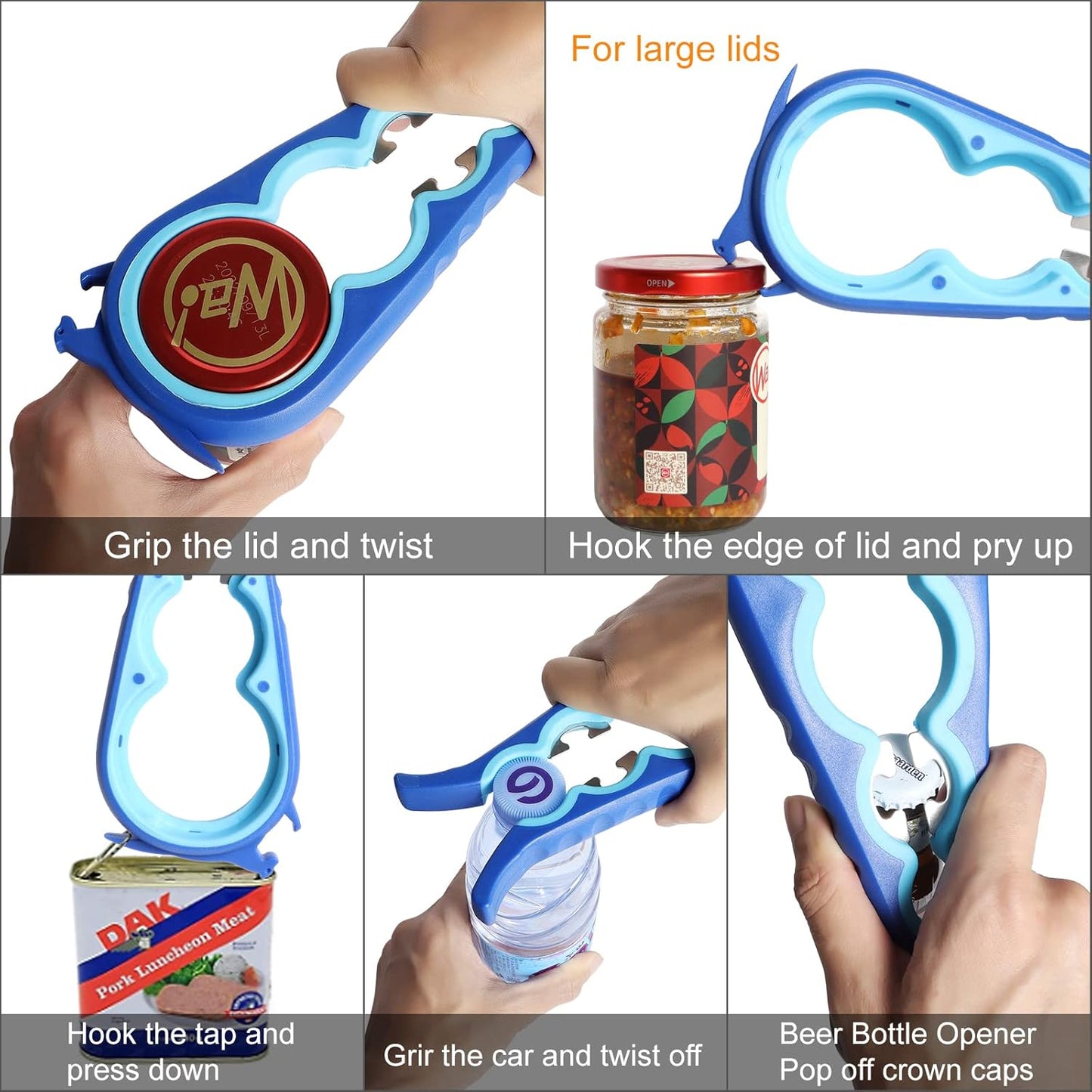 Jar Opener, 5 in 1 Multi Function Can Opener Bottle Opener Kit with Silicone Handle Easy to Use for Children, Elderly and Arthritis Sufferers (Apple Red）