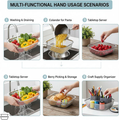 18/8 Stainless Steel Colander Strainer for Kitchen, Rectangular Colander for Pasta, Vegetables, Fruits, Rustproof & Dishwasher Safe (13.0 x 7.1 x 2.2 inch)