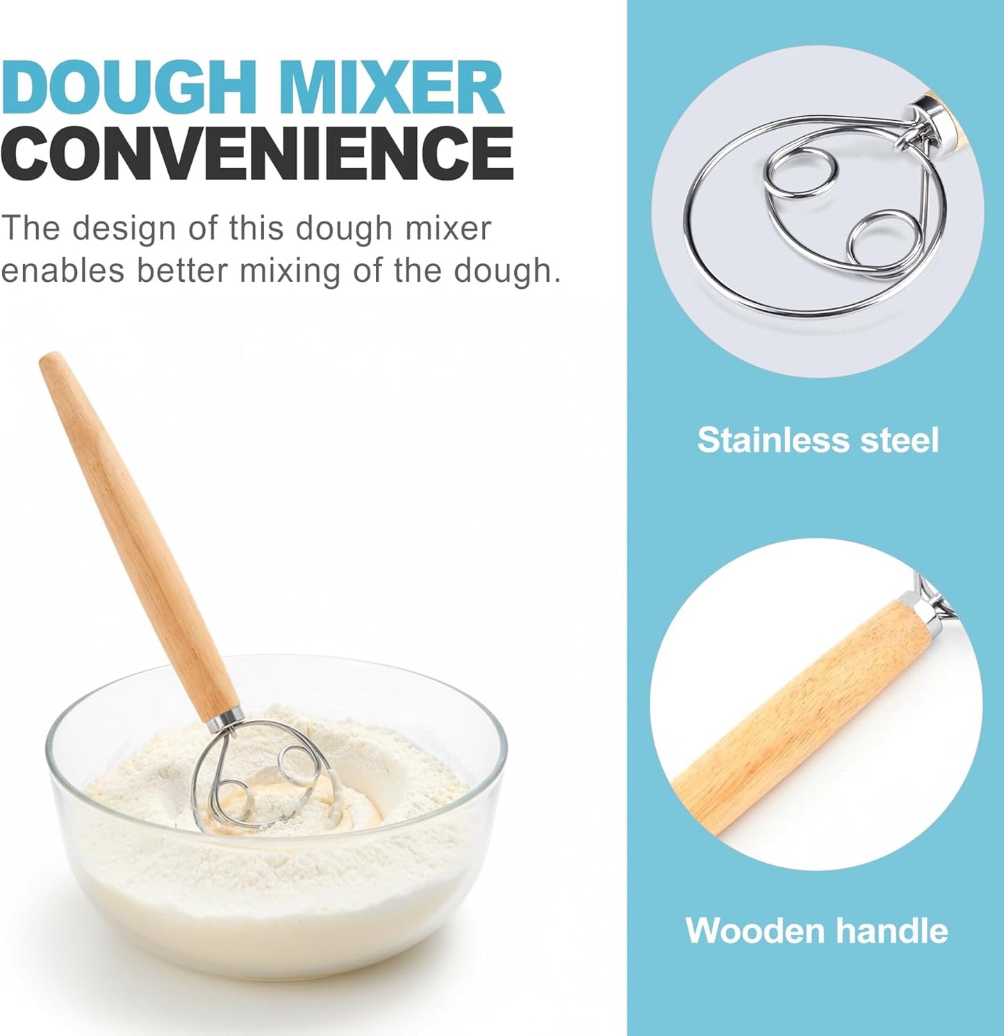 CoguZed Danish Dough Whisk - Stainless Steel Hand Mixer with Wooden Handle, Essential Baking Tool for Sourdough, Artisan Bread & Pastry Dough