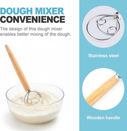 CoguZed Danish Dough Whisk - Stainless Steel Hand Mixer with Wooden Handle, Essential Baking Tool for Sourdough, Artisan Bread & Pastry Dough