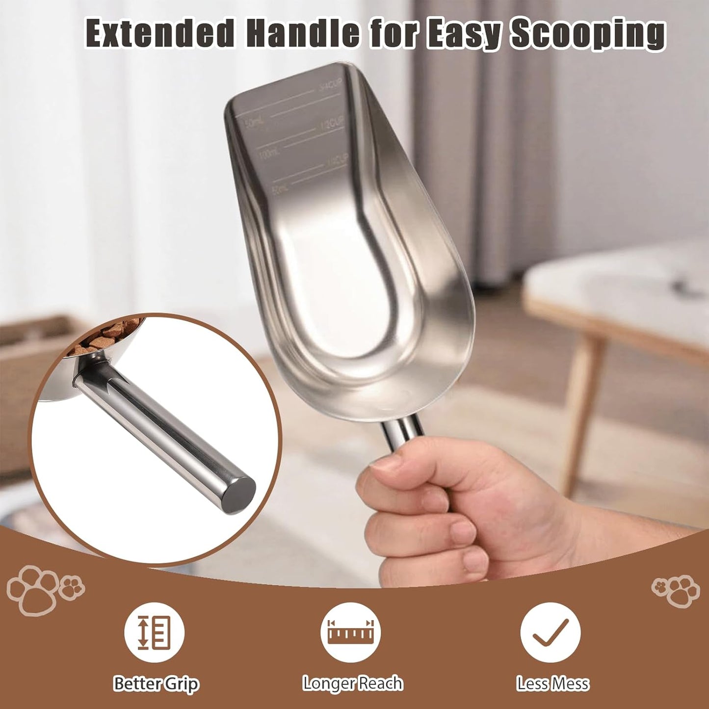 Pet cat-dog food-scoop measuring 1-cup - Food-grade 304 stainless steel material | 1-Cup capacity | Precision scale measurements