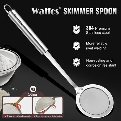 Walfos Fat Skimmer Spoon, 304 Stainless Steel Fat skimmer For Cooking, Fine Mesh Strainer, Food Strainer Fit For Separation Of The Floating Foam, Fat, Grease - Set of 2 Sise