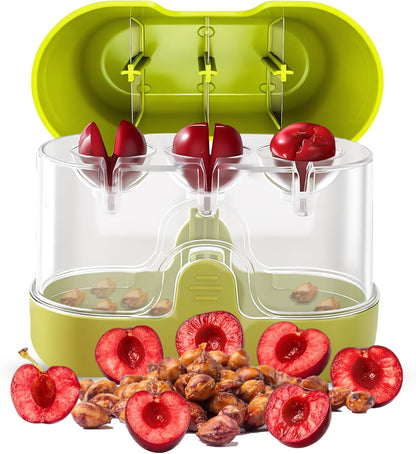 2-in-1 Cherry Pitter & Half Slicer, 3-Hole Cherry Seed Remover with Built-in Blade, with Clear Container (Apple Green)