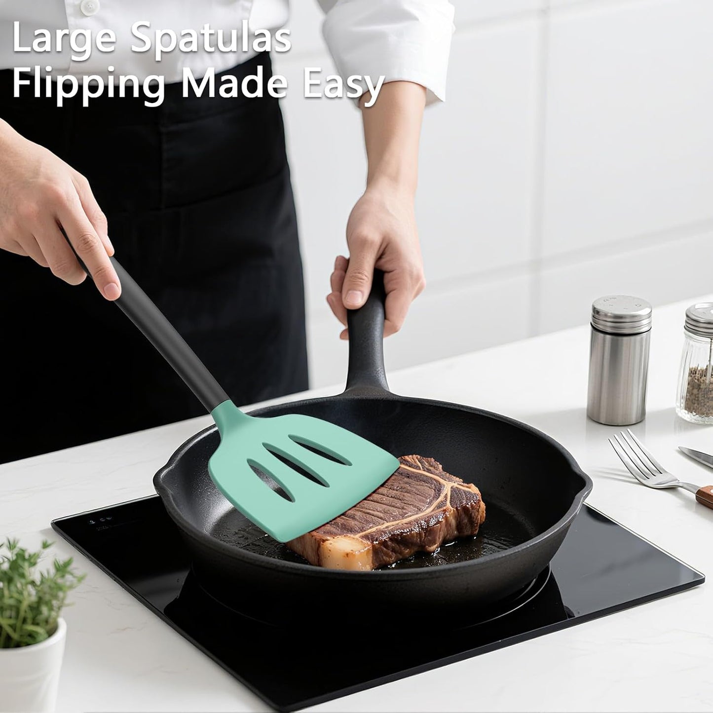Coukre 3 Pack Silicone Spatula Set, High Heat Resistant, BPA-Free, Fish Spatula, Solid & Slotted Turner for Non-Stick Pans, Flipping Eggs, Pancakes, Fish, Burgers (3, PureBlack)