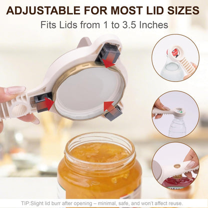4-in-1 Jar Opener for Seniors & Weak Hands, Adjustable Stainless Steel Opener for Jars, Beer Bottles, and Salad Dressing – Easy-Grip Kitchen Tool (White)