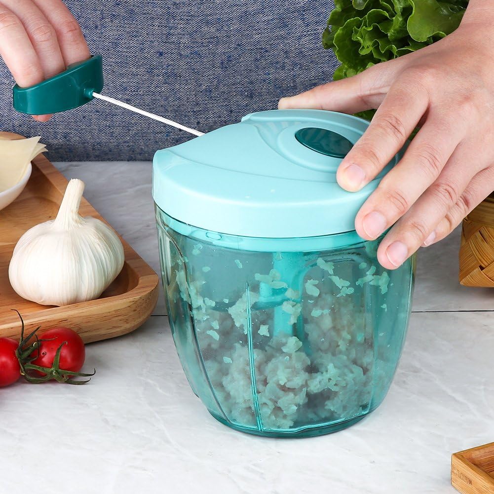 Ourokhome Manual Food Processor Vegetable Chopper, Portable Hand Pull String Garlic Mincer Onion Cutter for Veggies, Ginger, Fruits, Nuts, Herbs, etc., 500ml, Deep Blue