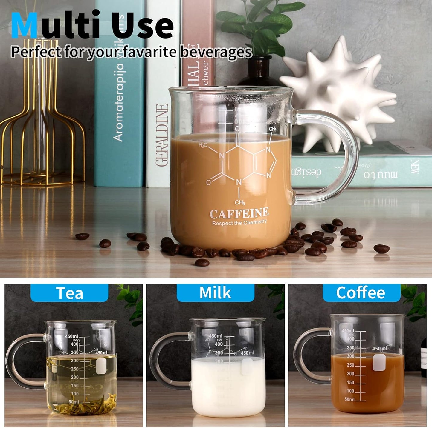 Caffeine Beaker Mug, Chemistry Coffee Mug 16 oz Borosilicate Glass, Measuring Graduated Beaker (450ml)