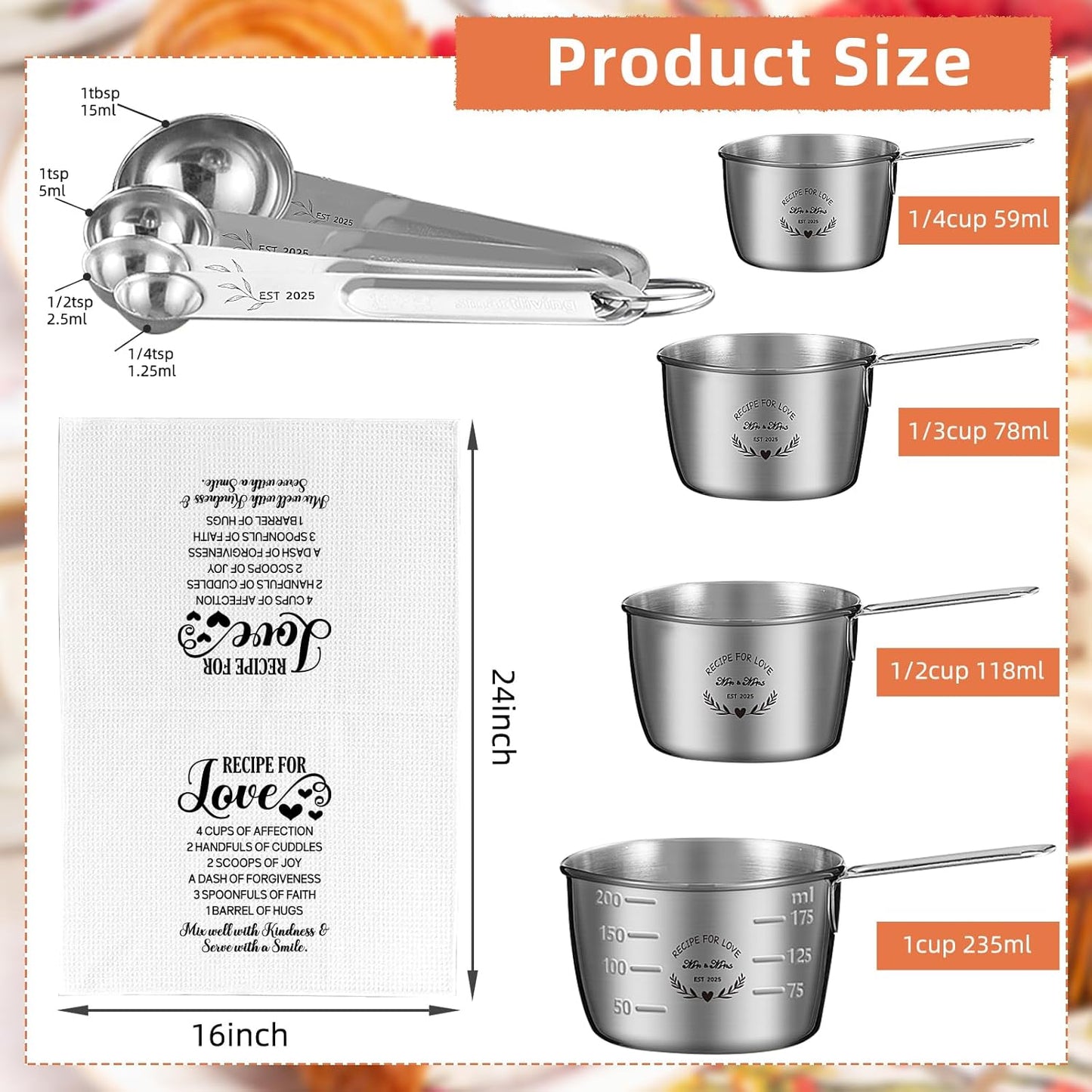 Wedding Gifts for Couples 2026, Bridal Shower Gifts for Bride to Be, Engagement Gift for Newlyweds, Bride Gift, Mr and Mrs Measuring Cups and Spoons Set with Dish Towel