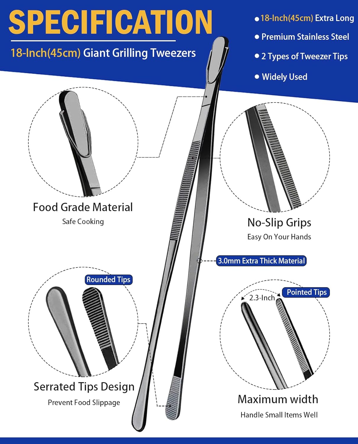 JETKONG 2 Pcs 12-Inch Kitchen Tweezers Fine Tweezer Tongs, Extra-Long Stainless Steel Cooking Tweezers (Silver)