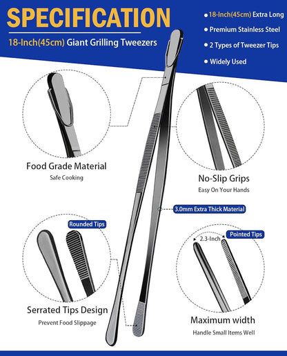 JETKONG 2 Pcs 12-Inch Kitchen Tweezers Fine Tweezer Tongs, Extra-Long Stainless Steel Cooking Tweezers (Silver)