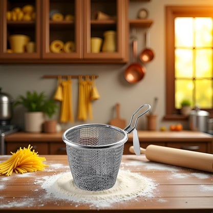 Stainless Steel Pasta Basket, Mesh Spider Food Dumpling Noodle Strainer, Fine Mesh Strainer with Handle