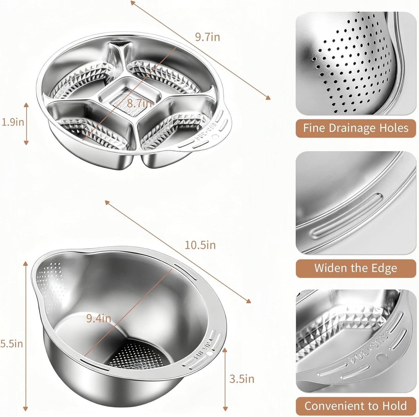 Rice Washer Strainer Bowl with Vegetable Divider Tray, Stainless Steel Rinser Washing Bowl, Small Colander Rice Strainer Versatile Kitchen Tool for Quinoa, Vegetables, Fruits, Beans Cleaning