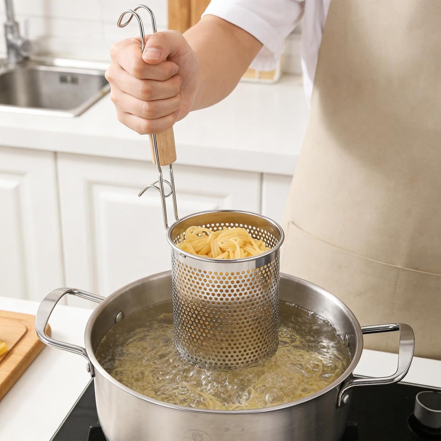 2 Pack Pasta Strainer with Handle Pasta Basket Spider Mesh Strainer Stainless Steel for Noodle, Boiling Food, Ramen, Spaghetti, Dumpling (4.6"D X 5.78"H)