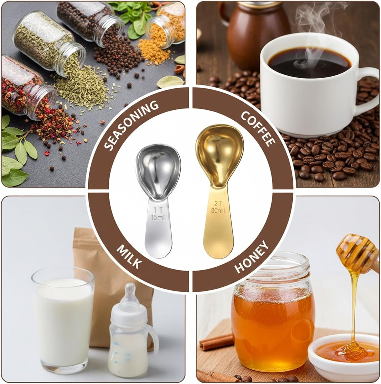 2 Piece Tablespoon Scoop 2 Tbsp Scoop Coffee Tablespoon Measuring Spoon (1 Tbsp, 2tbsp) Stainless Steel Coffee Measuring Scoops for Jars Tea Sugar (Silver, Gold)